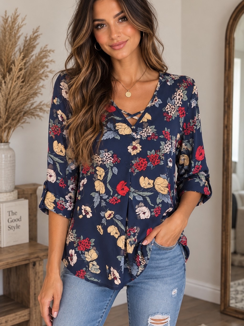 Maurices Navy Floral Crisscross V-Neck Blouse